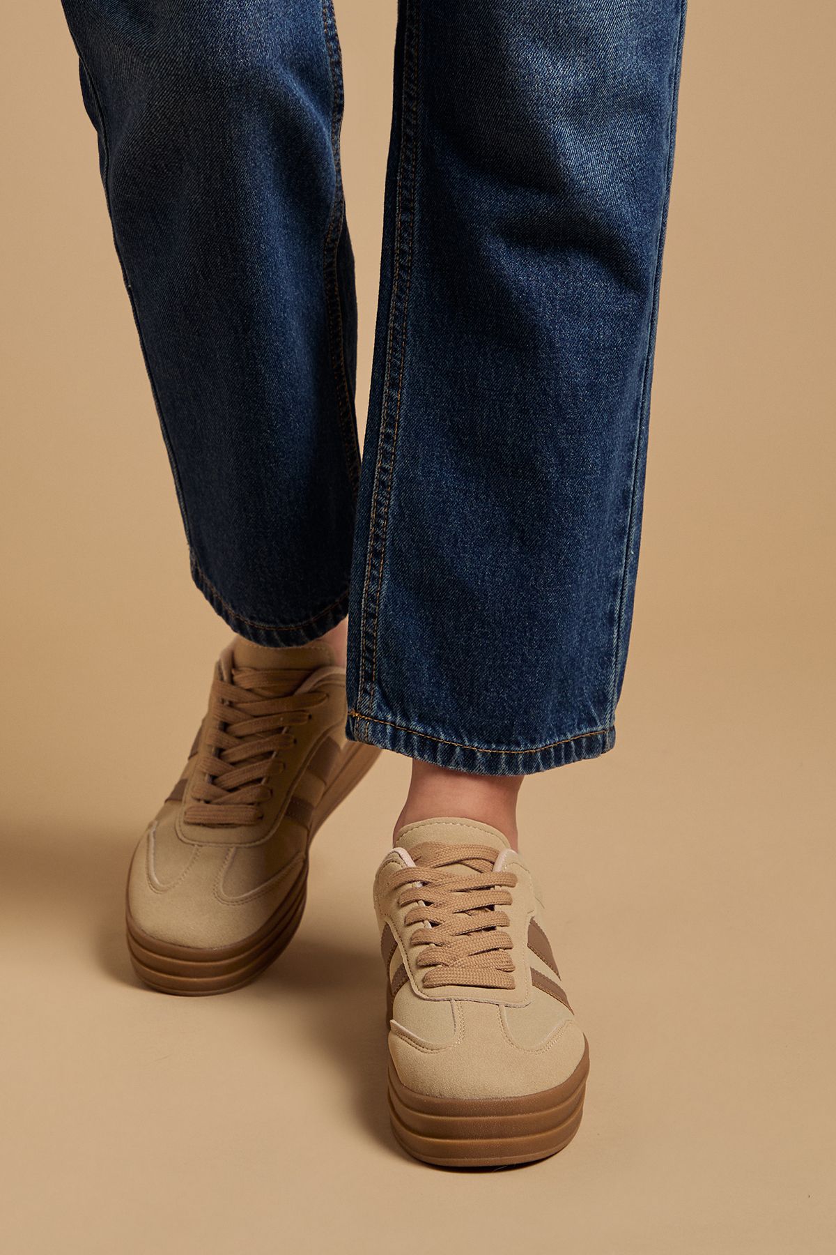 Oasis Isla Faux Suede Lace Up Platform Trainers Taupe image 3