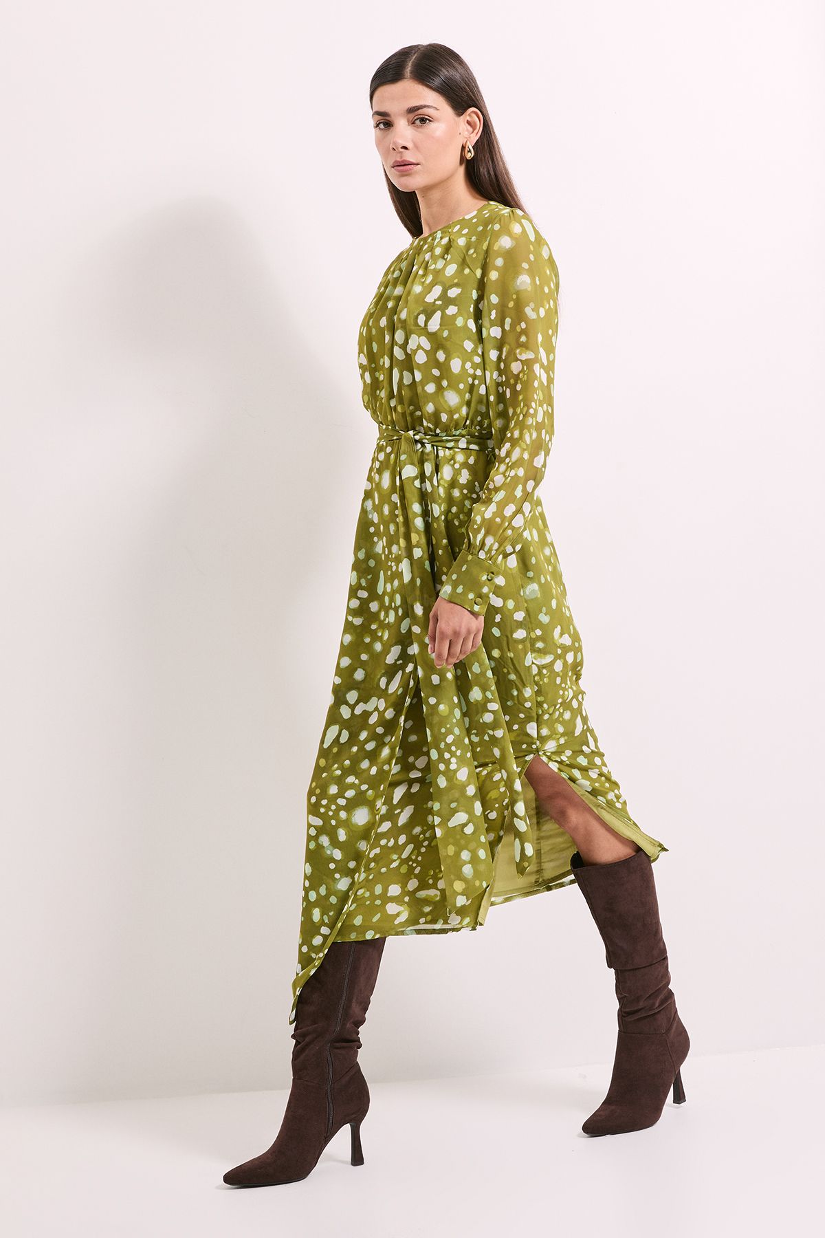 Principles Green Spot Pleat Neck Drape Midi Dress Green image 2