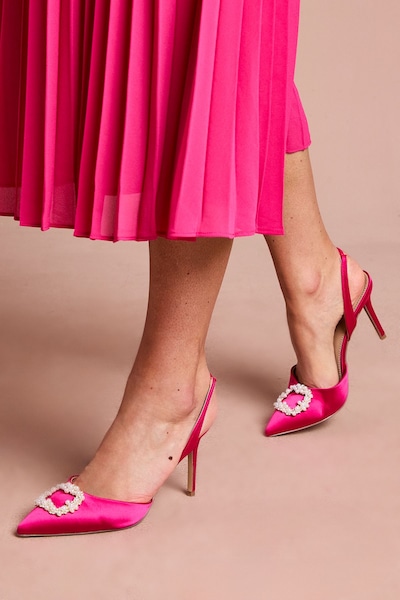 Coast Selene Satin Pearl Trim Slingback High Heel Court Shoes Magenta