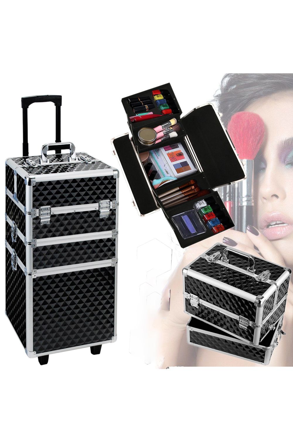 Living and Home Diamond Pattern Cosmetic Makeup Train Case image 4