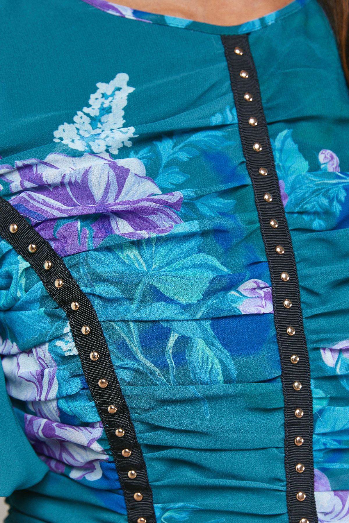 Oasis Printed Ruched Bodice Trim Detail High Low Hem Midi Dress Multi image 5