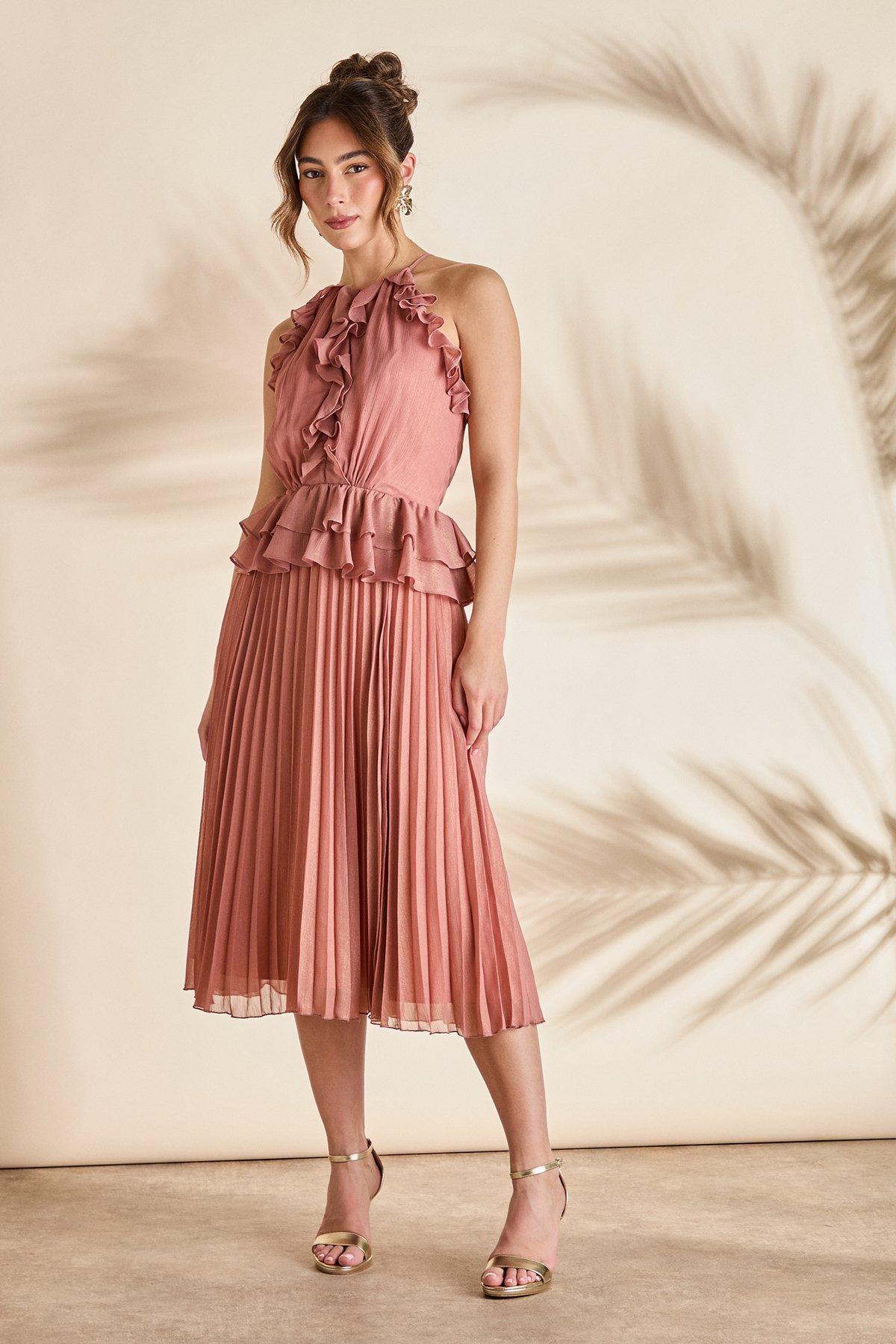 Coast Sleeveless Halter Pleat Skirt Maxi Holiday Dress Brown