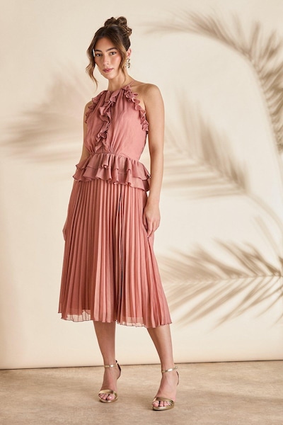 Coast Sleeveless Halter Pleat Skirt Maxi Holiday Dress Brown