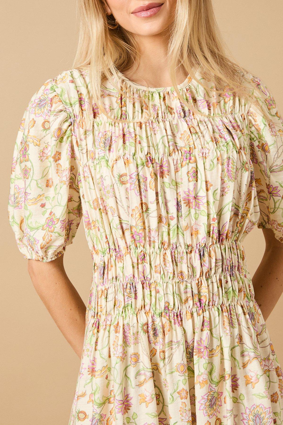 Oasis Printed Shirred Bodice Puff Sleeve Midi Dress Multi image 4