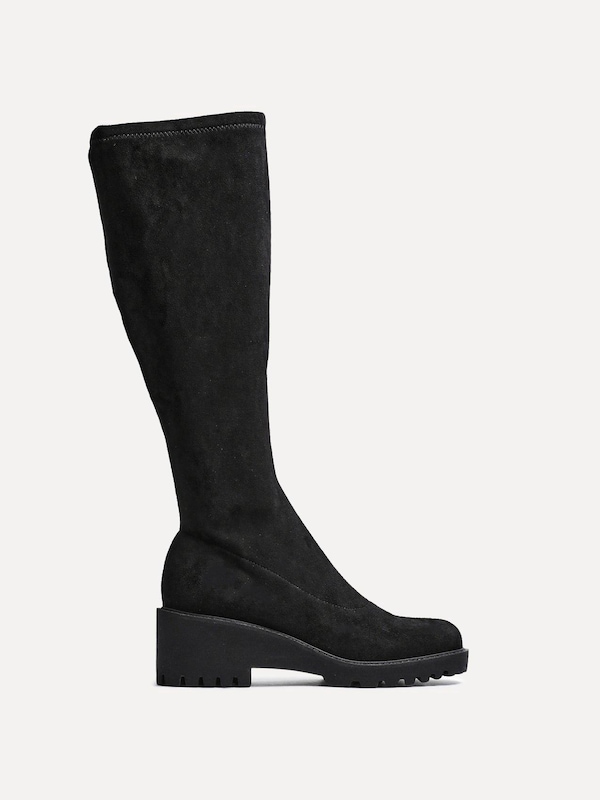 Linzi Kortina Black Faux Suede Wedge Knee High Boot