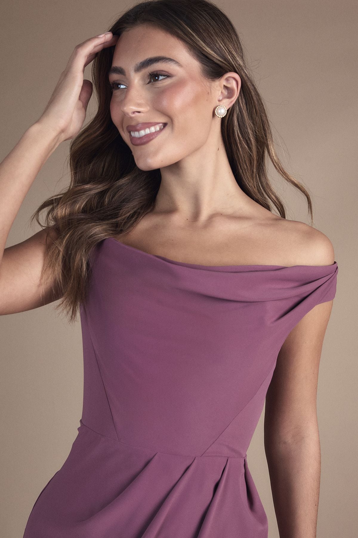 Coast Crepe Bardot Ruched Maxi Bridesmaid Dress Dark Mauve image 2