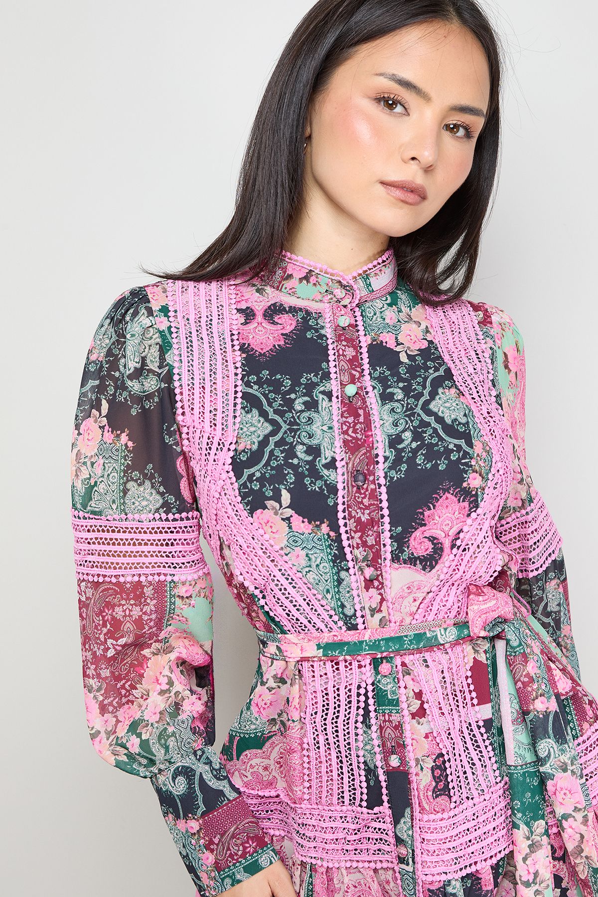 Oasis Petite Printed Lace Detail Button Down Collarless Mini Dress Multi image 2