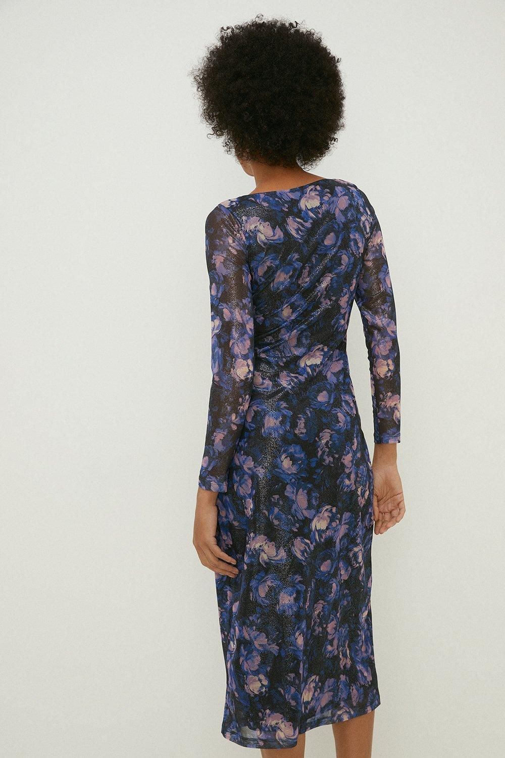 Oasis Petite Glitter Floral Mesh Knot Front Midi Dress Multi image 3