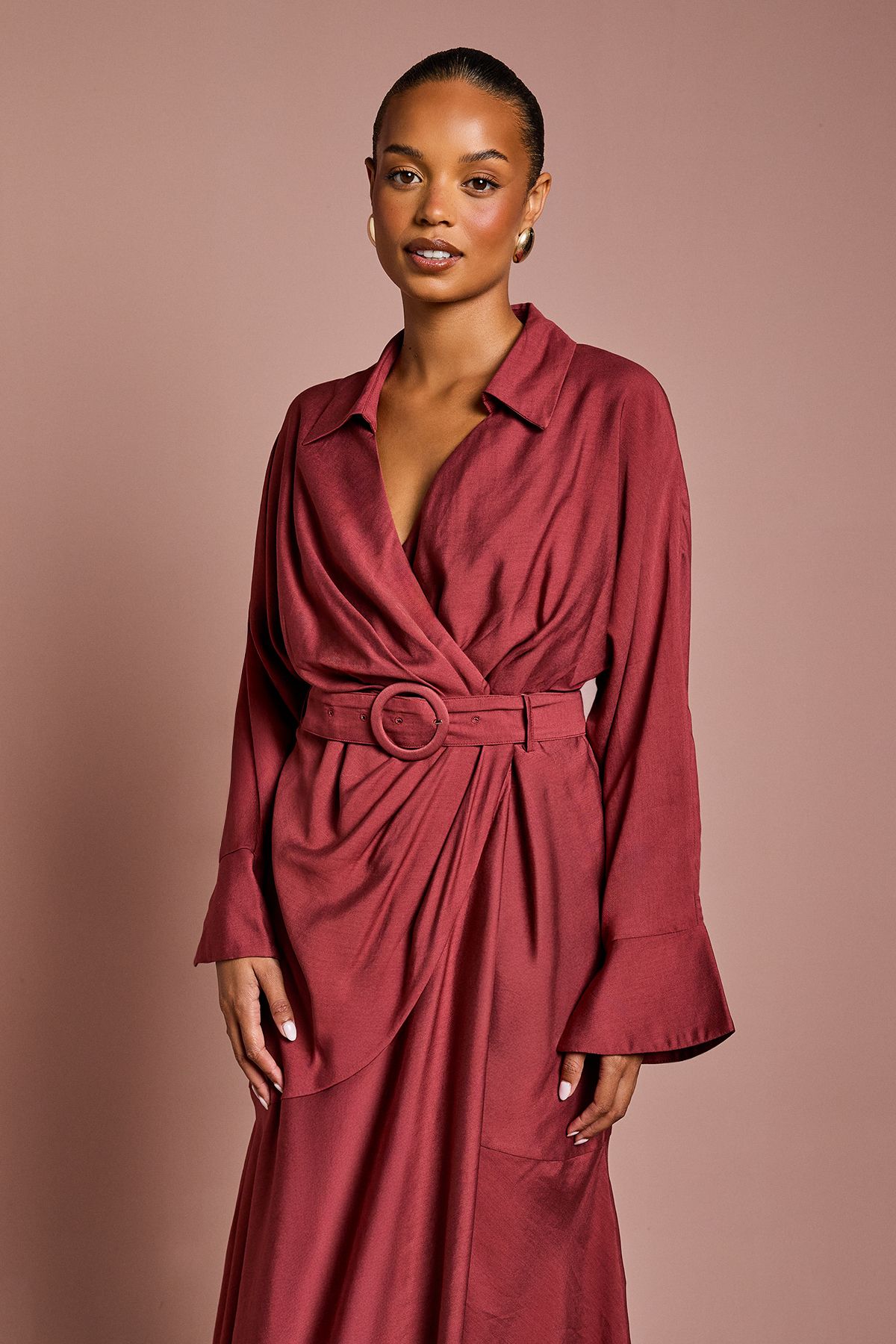 Coast Petite Twill Long Sleeve Wrap Dress With Belt Burgundy image 2