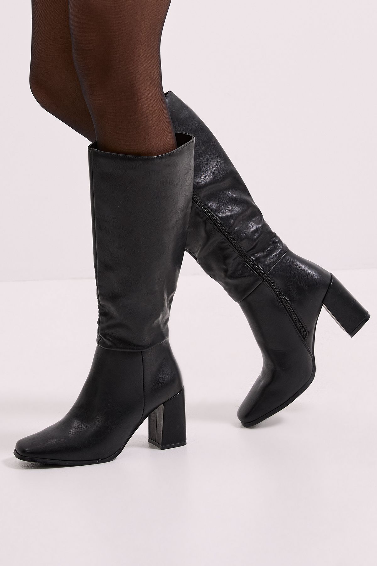 Dorothy Perkins Wide Fit Kristen Faux Leather Square Toe High Heel Knee Boots Black image 1