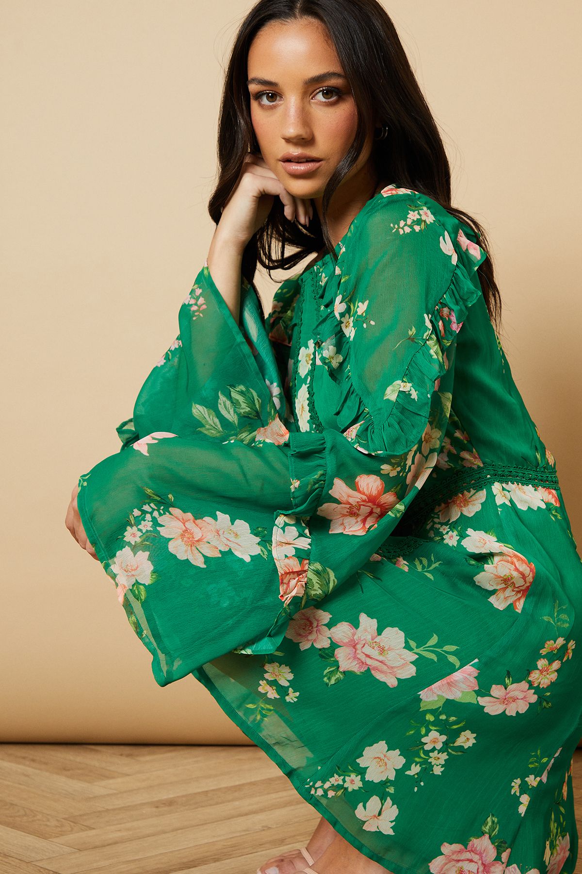 Oasis Floral Chiffon Lace Trim Mini Dress Green image 3