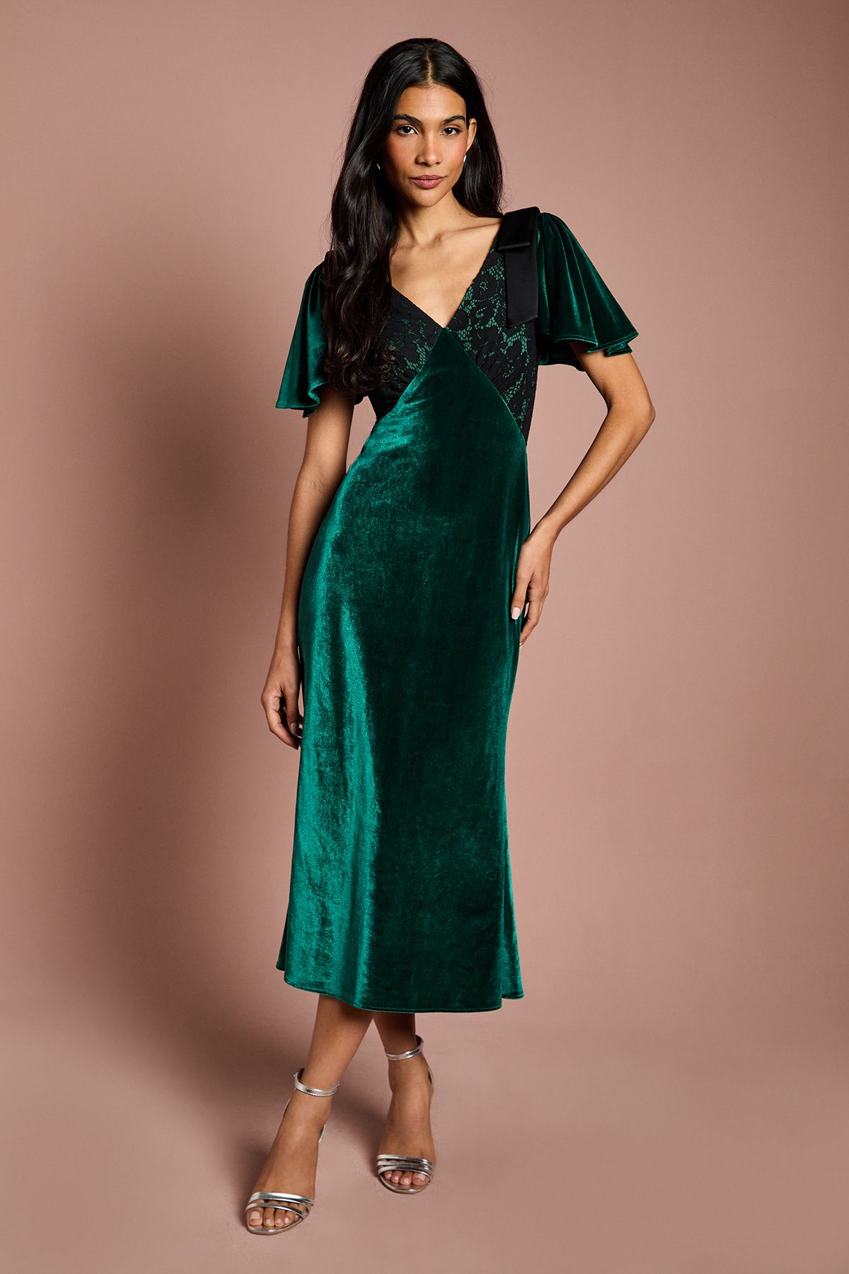 Coast Velvet Lace Mix Midi Dress Emerald