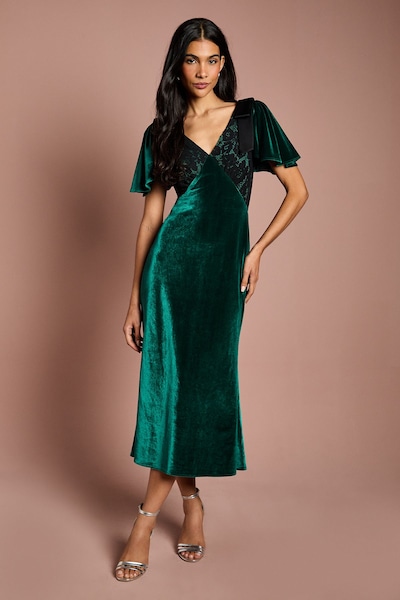 Coast Velvet Lace Mix Midi Dress Emerald