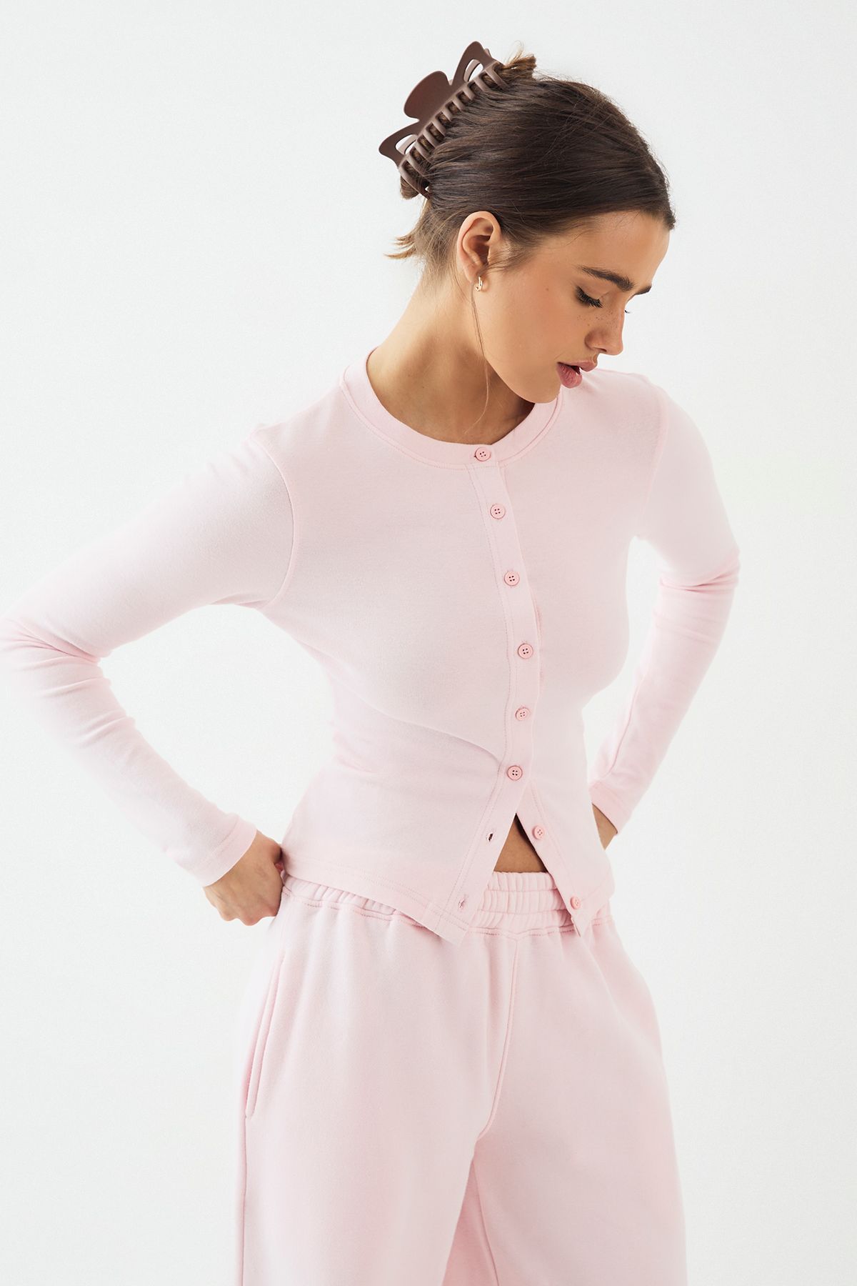 DSGN Studio DSGN Studio Crew Neck Button Through Long Sleeve Top Light Pink image 3