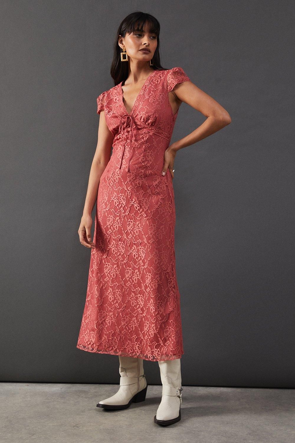 Warehouse Lace Cap Sleeve Bow Front Midi Tea Dress Rose image 1