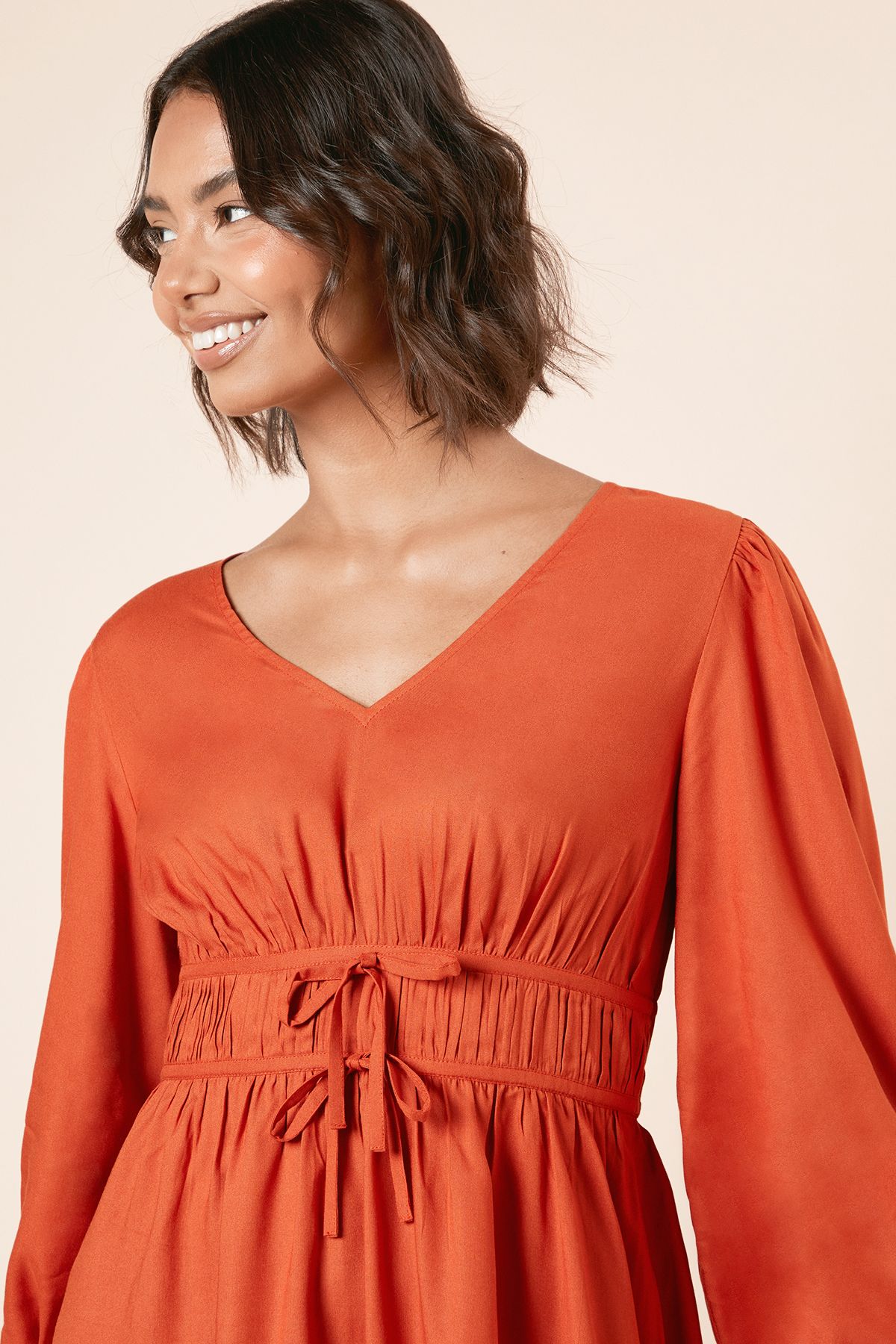 Dorothy Perkins Tie Detail Blouse Sleeve Mini Dress Ochre image 3