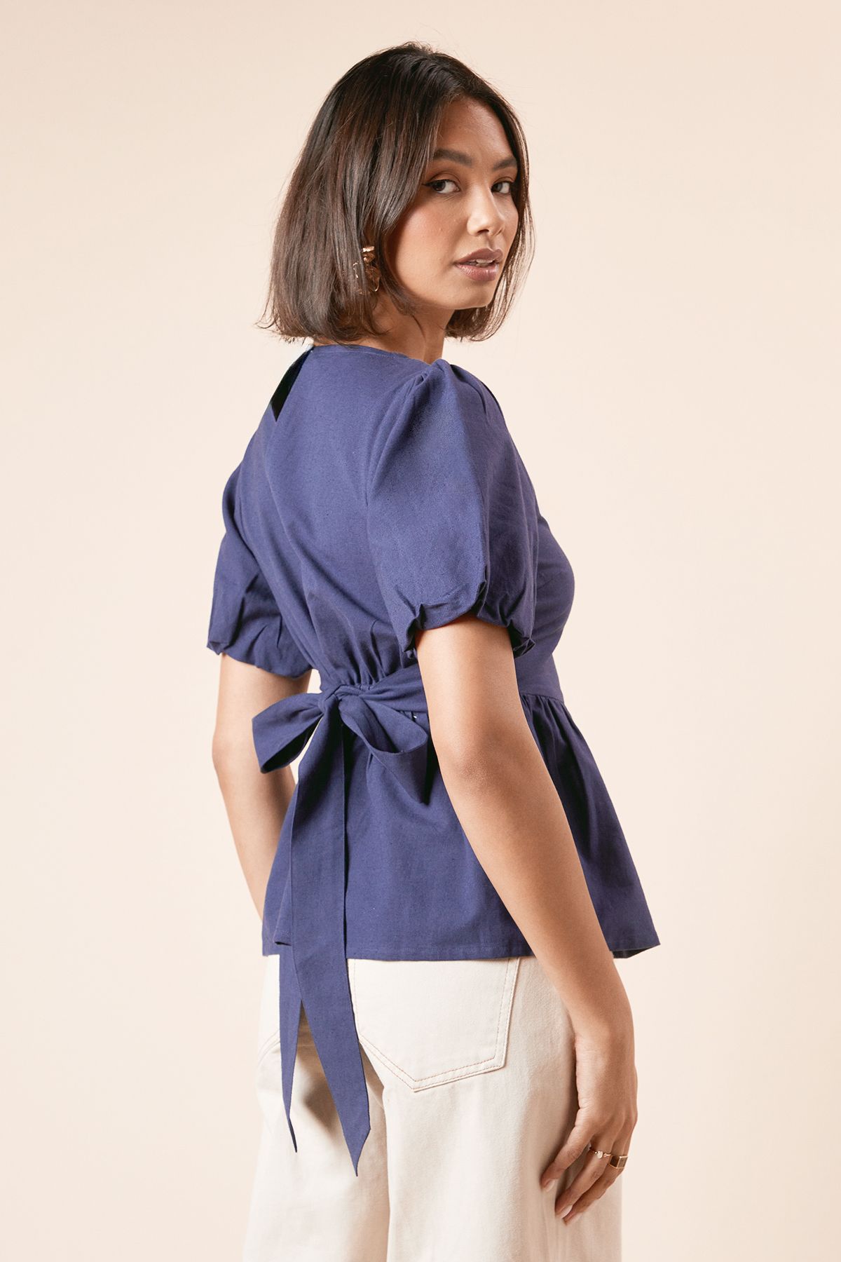 Dorothy Perkins Tie Back Puff Sleeve Linen Blouse Navy image 3