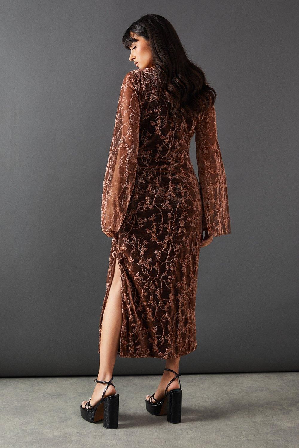 Warehouse Metallic Mesh Ruched Side Midi Dress Bronze image 3