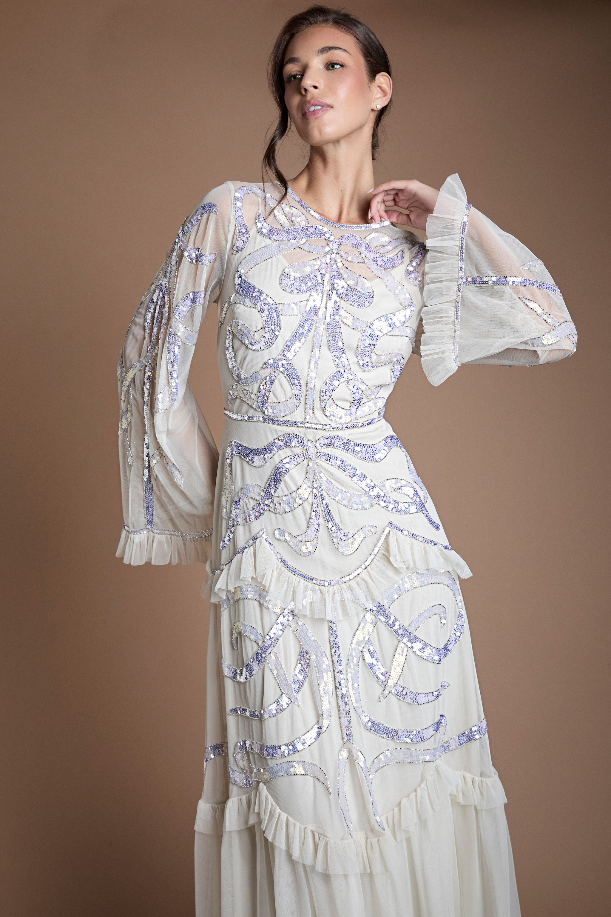 Coast Ruffle Hem Tiered Sequin Long Sleeve Wedding Dress Ecru image 2