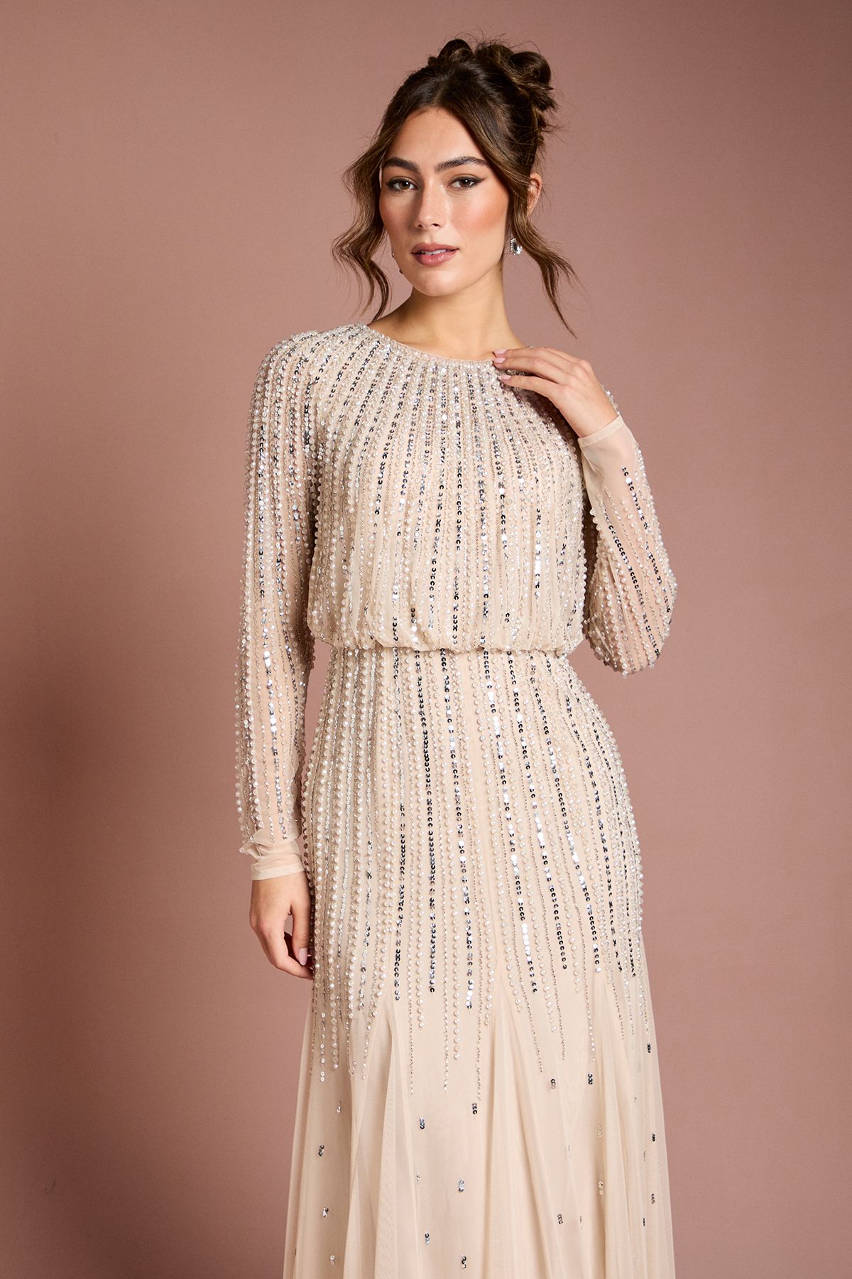 Coast Linear Sequin Embellished Long Sleeve Maxi Dress Champagne image 2