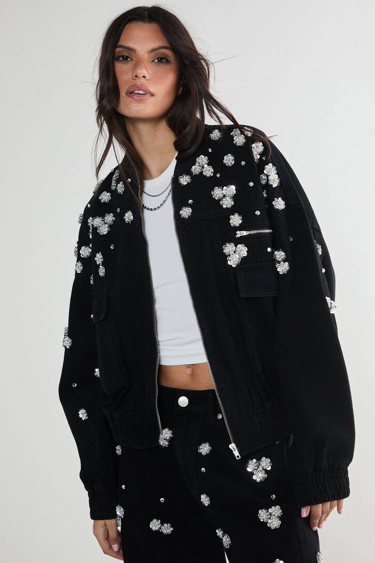 NastyGal Limited Embellished Flower Applique Jacket Washed Black image 3