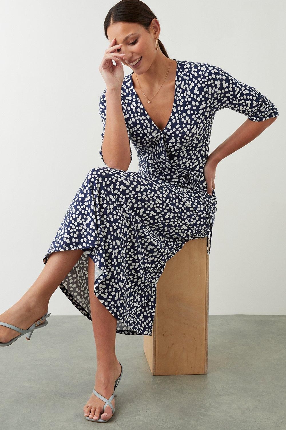 Dorothy Perkins Navy Spot Print Wrap Jersey Midi Dress Navy