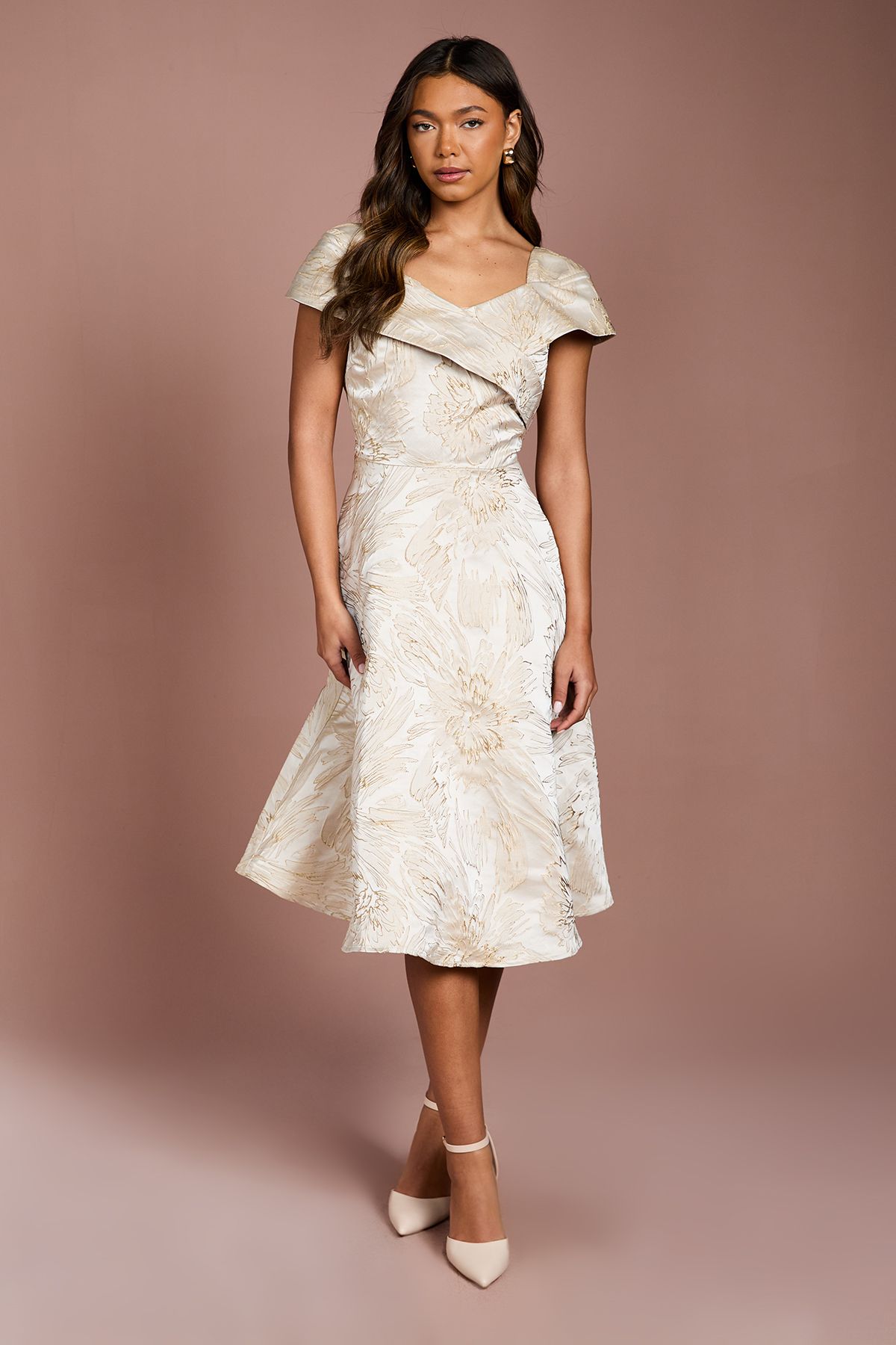 Coast Off the Shoulder Jacquard Full Skirted Midi Dress Champagne image 1