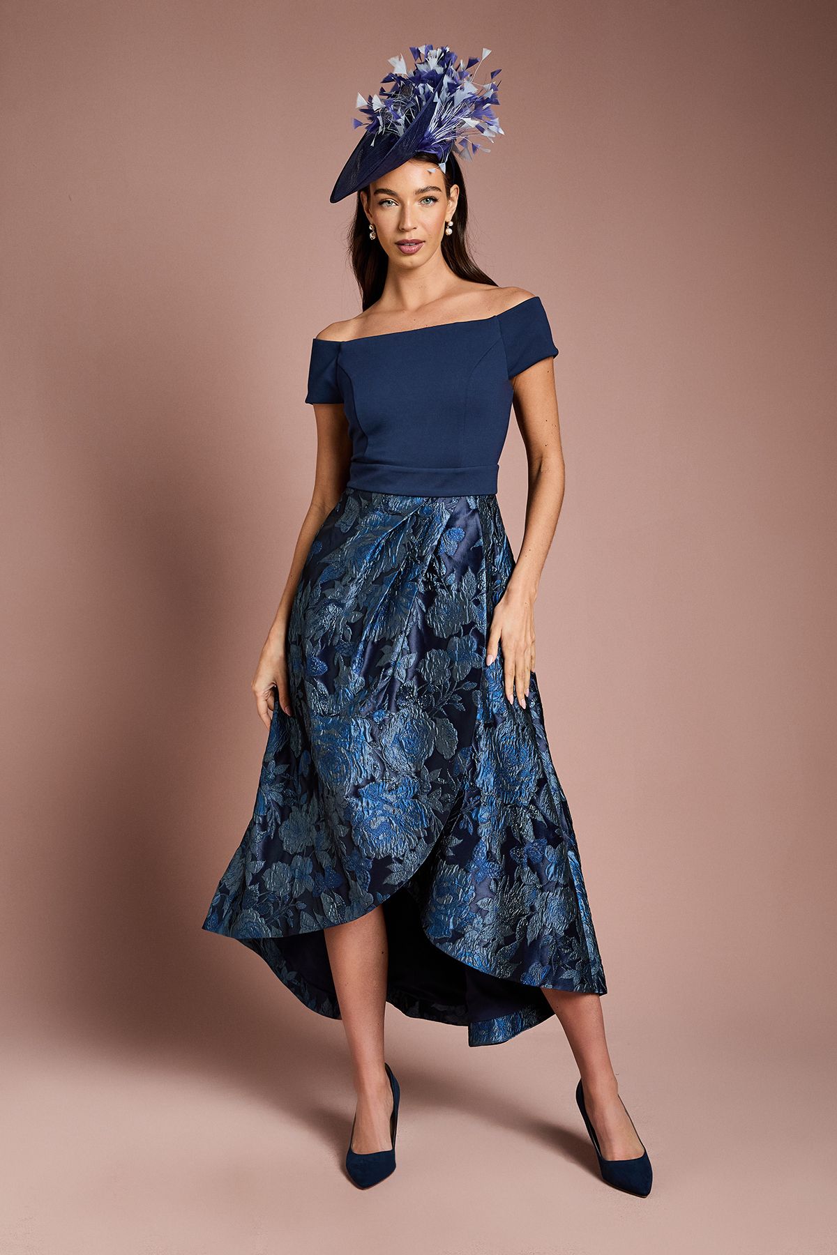 Coast Lisa Tan Stretch Bardot Jacquard Skirt Midi Dress Navy image 1