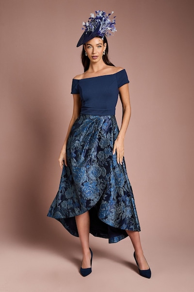 Coast Lisa Tan Stretch Bardot Jacquard Skirt Midi Dress Navy