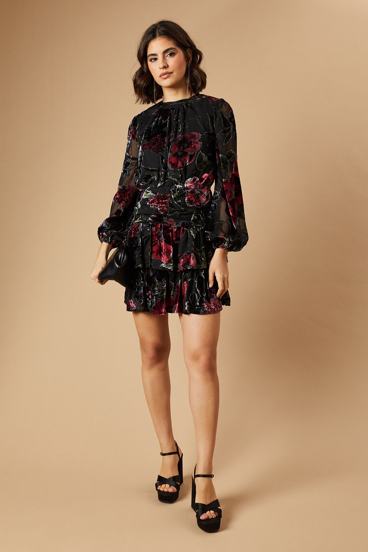 Oasis Velvet Tiered Blouson Sleeve Mini Dress True Black image 2