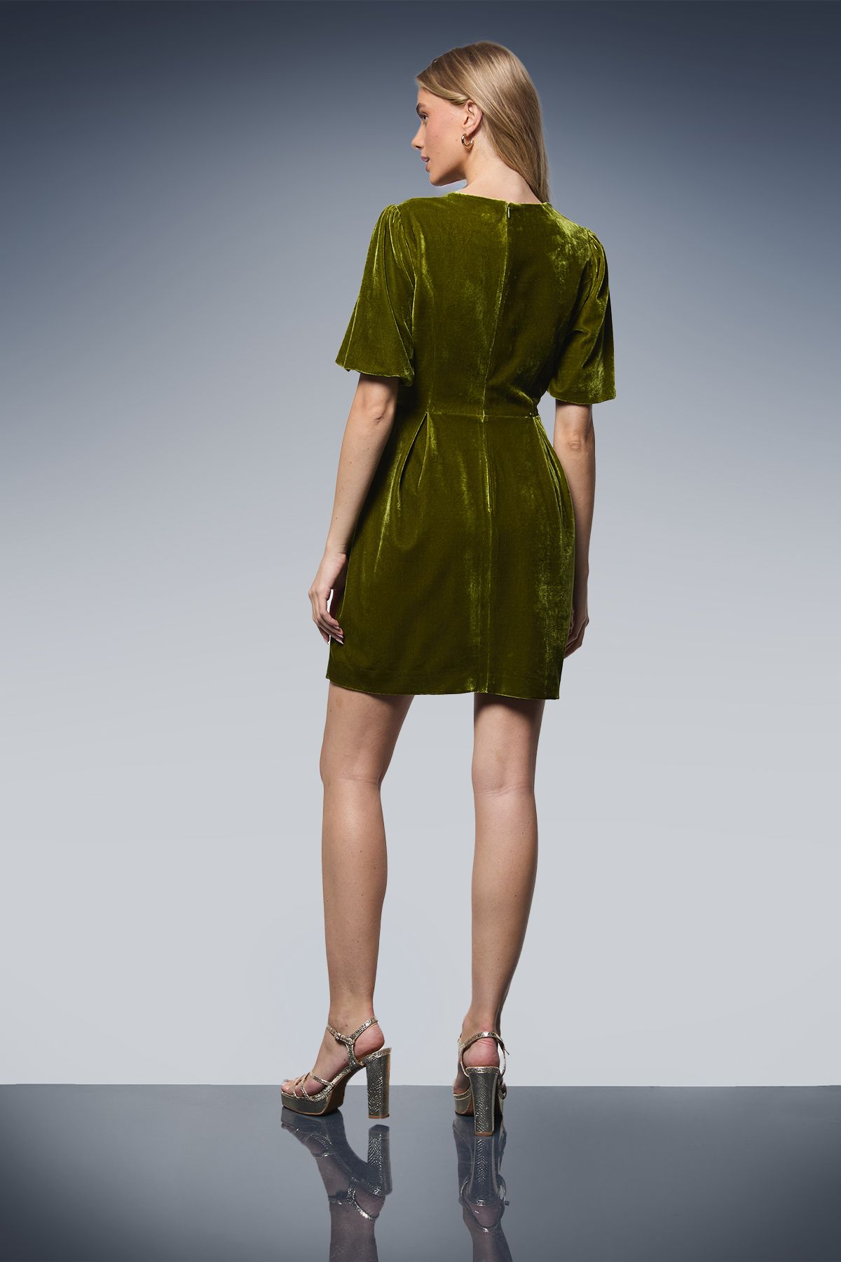 Oasis Bow Front Velvet Mini Dress Olive image 3