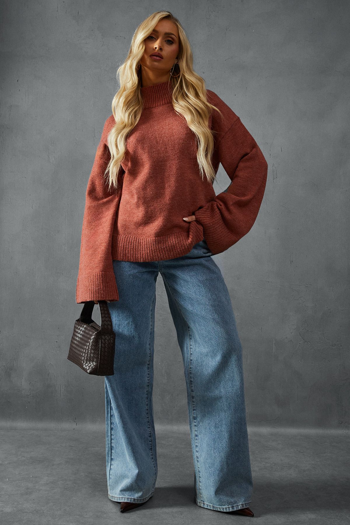 MissPap Knitted High Neck Wide Sleeve Jumper Rust image 4