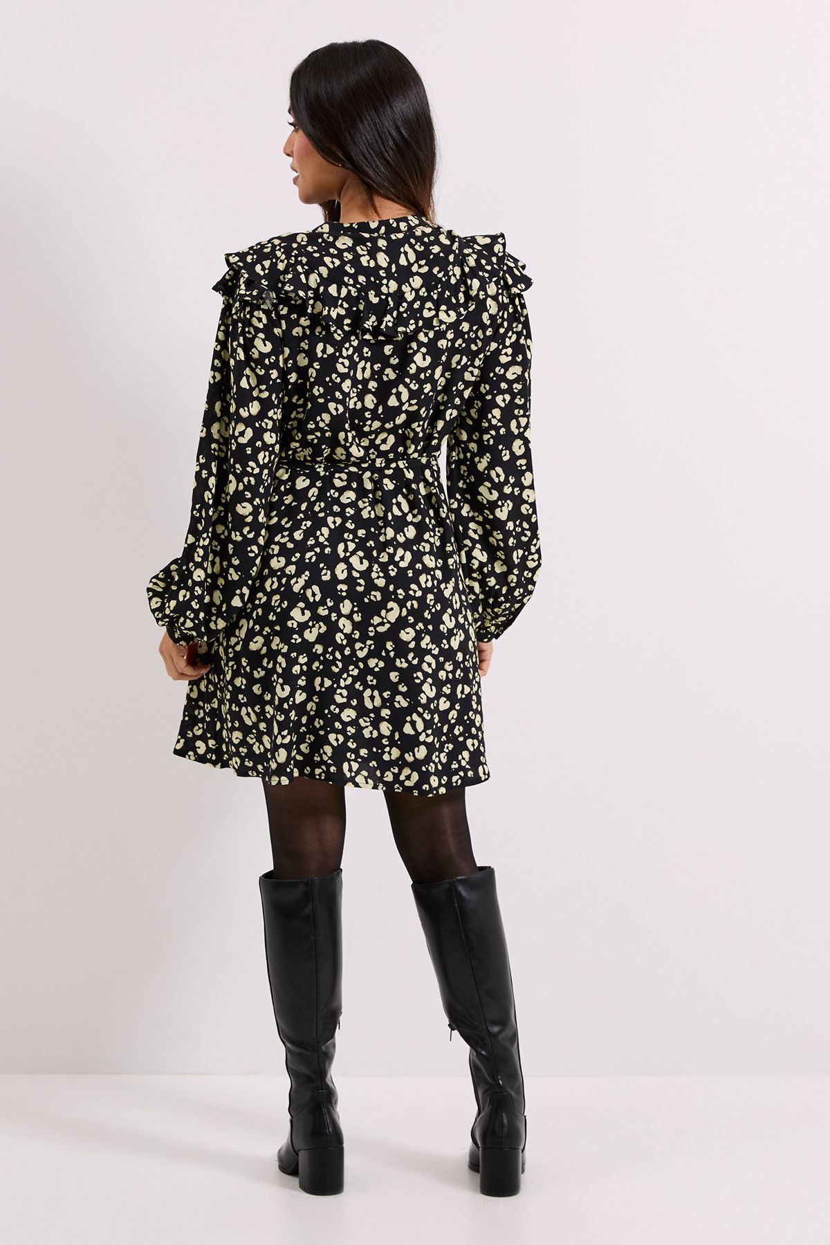 Dorothy Perkins Petite Yellow Animal Frill Yoke Belted Mini Shirt Dress Yellow image 3