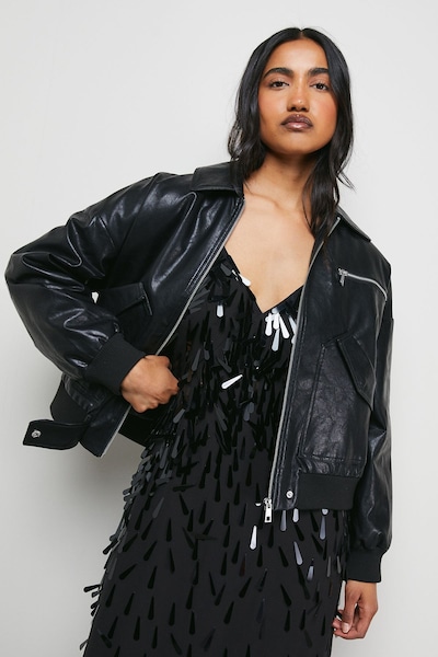 Warehouse Faux Leather Distressed Bomber Jacket Black