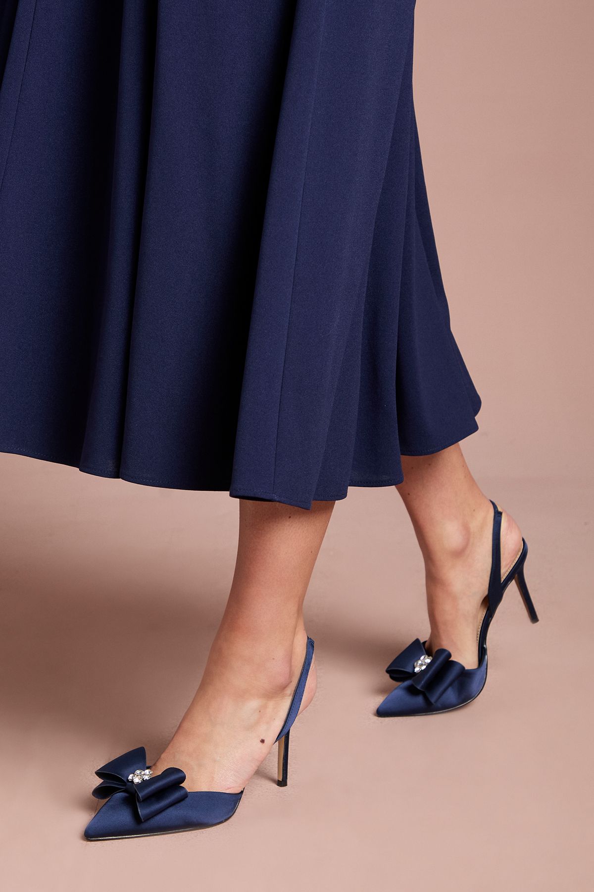 Coast Collette Satin Embellished Bow Detail High Heel Slingback Court Shoes Navy