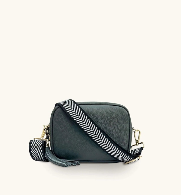 Apatchy London Dark Grey Leather Crossbody Bag With Black & Silver Chevron Strap