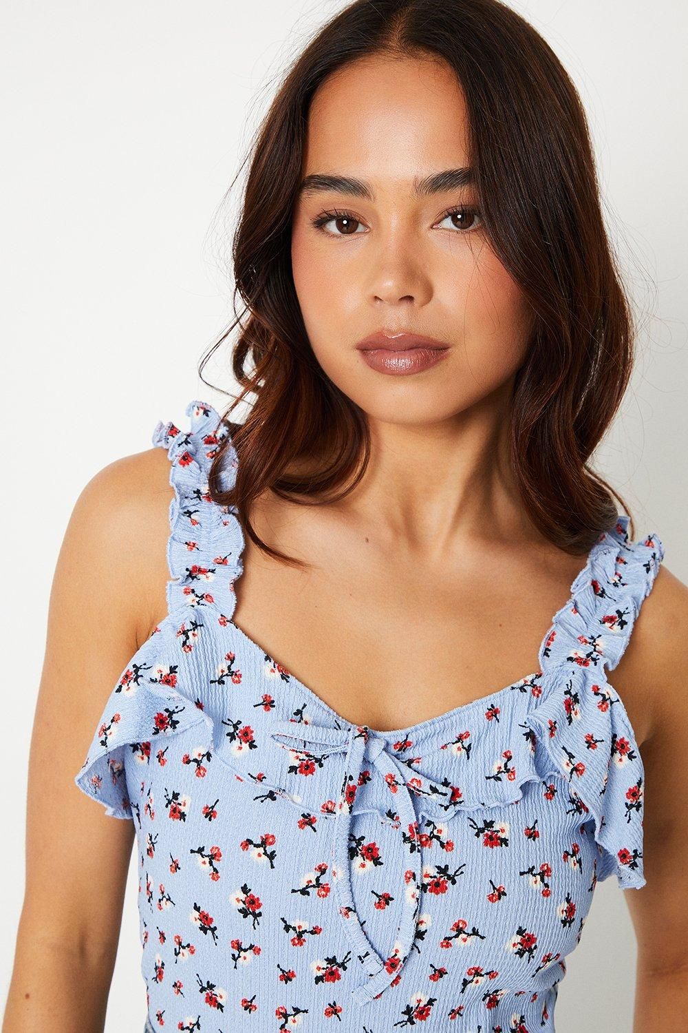 Dorothy Perkins Petite Tie Front Frill Detail Vest Jersey Top Blue image 4