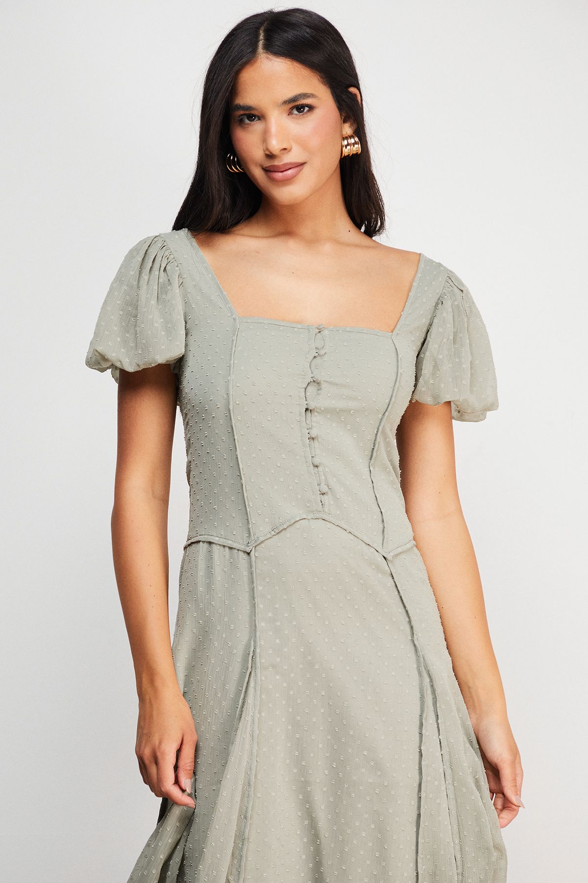 Warehouse Dobby Chiffon Button Bodice Godet Seam Midi Tea Dress Khaki image 2