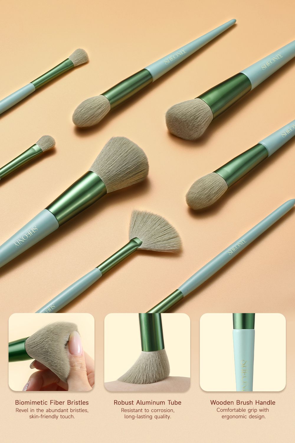 SHEONLY 14 Pcs "Sprout-Green" Professional Makeup Brush Set  With 2 Makeup Eggs image 3