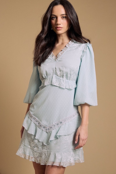 Oasis Chiffon Mix Mini Dress With Tie Back Baby Blue