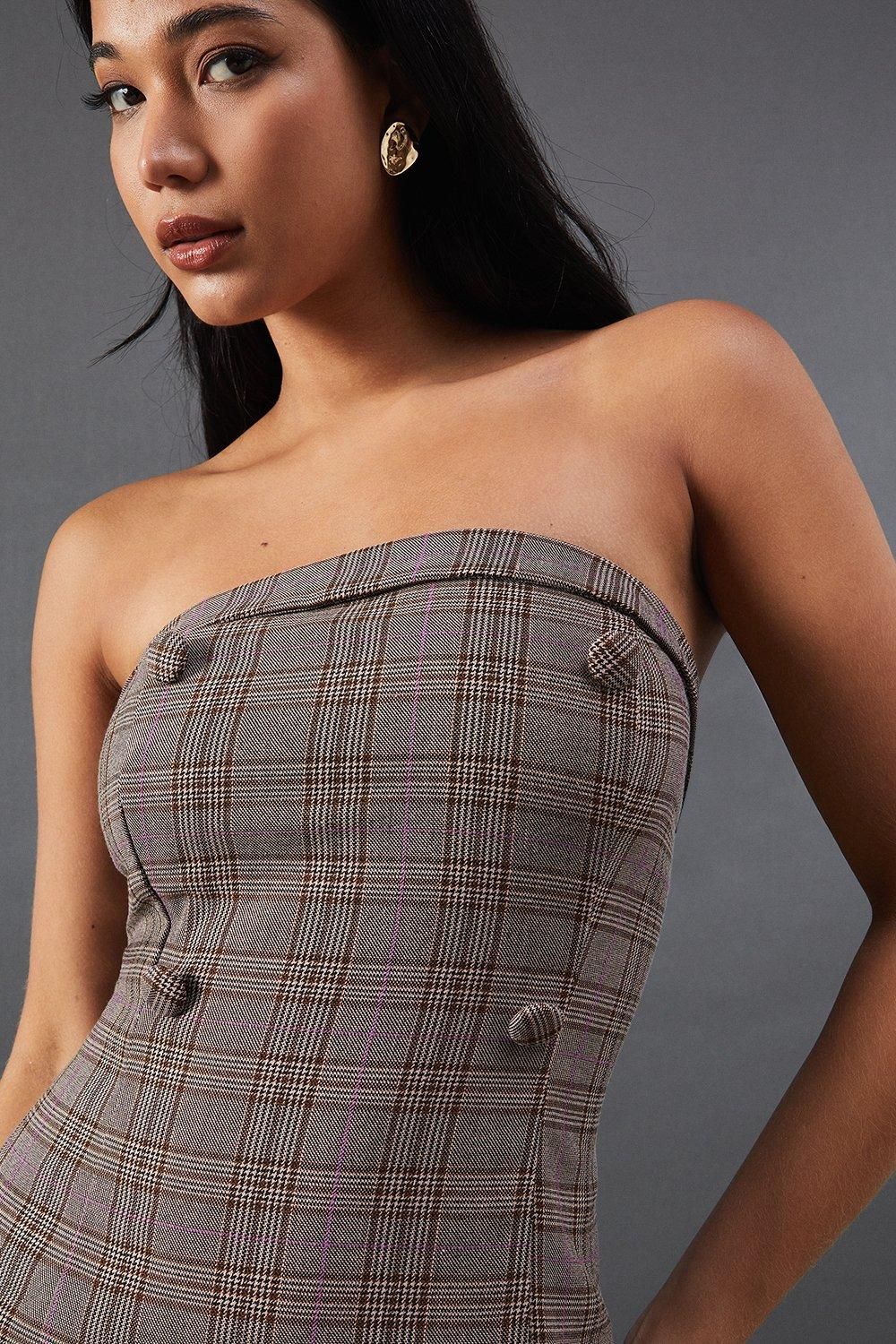Warehouse Premium Check Bandeau Double Breasted Midi Dress Brown image 2