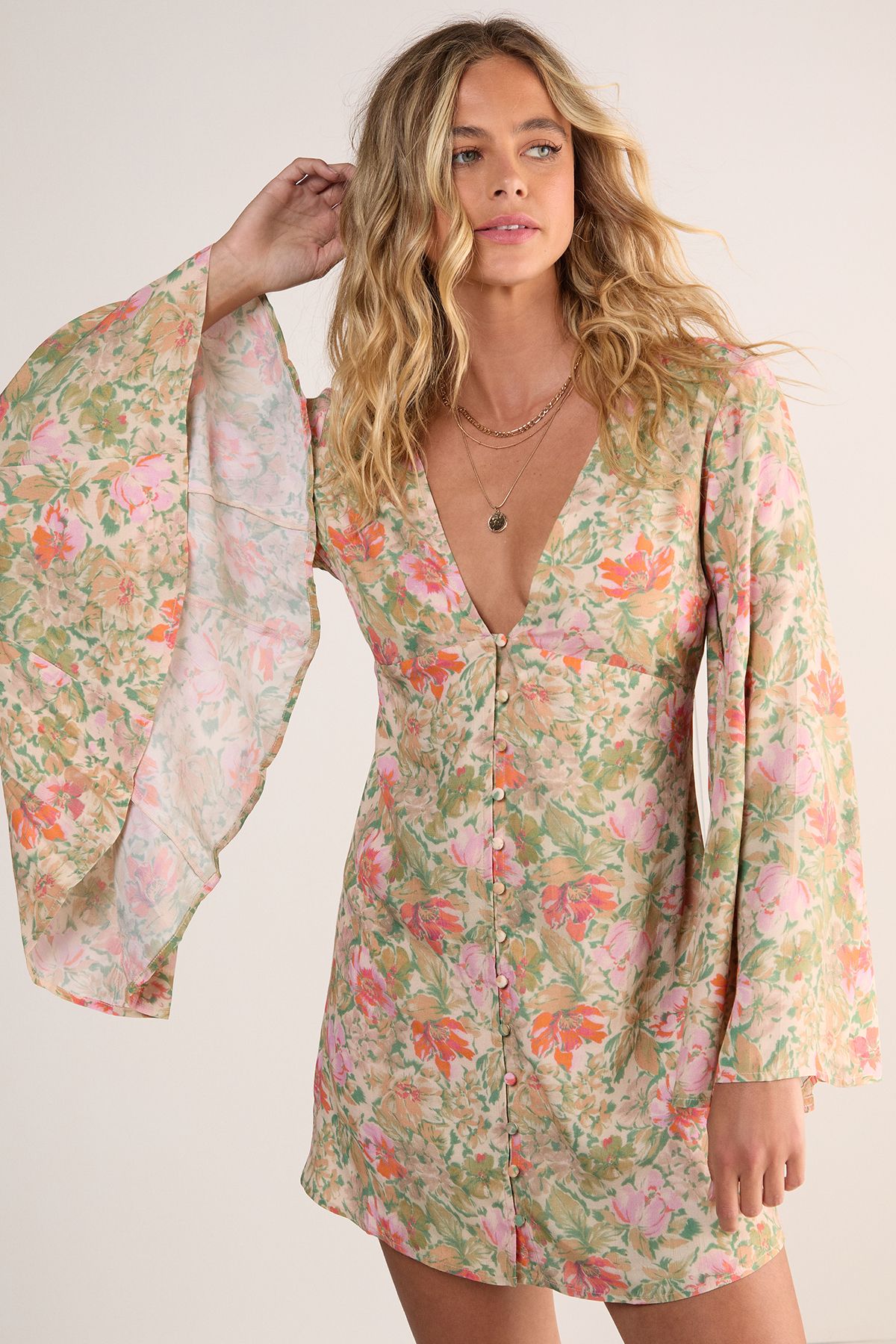 NastyGal Vintage Floral Button Through Extreme Flared Sleeve Mini Dress Green image 2