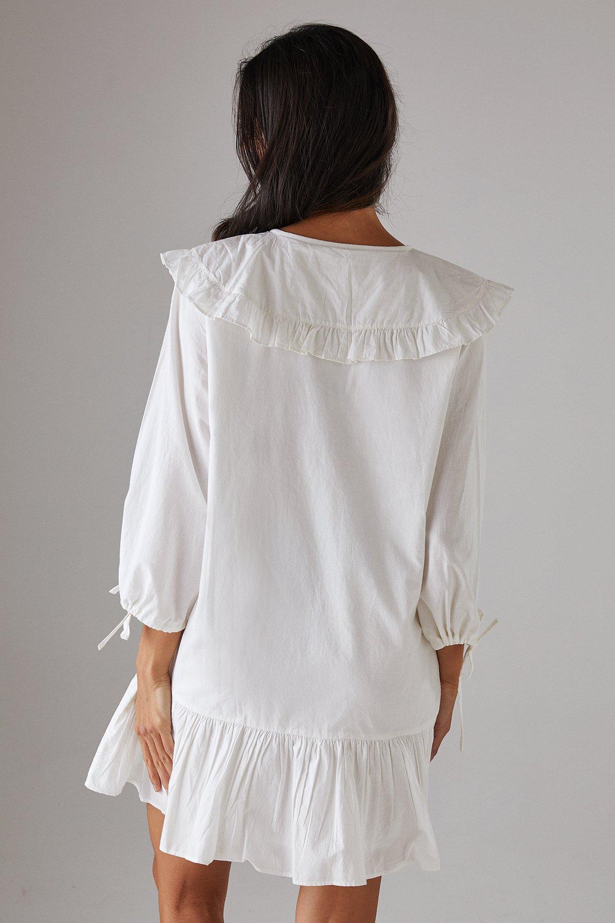 Warehouse Poplin Oversized Collar Tie Detail Mini Smock Dress White image 3