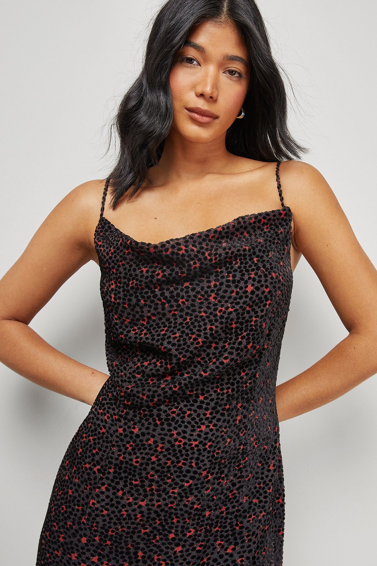 Warehouse Spot Devore Cowl Neck Maxi Dress Red image 2