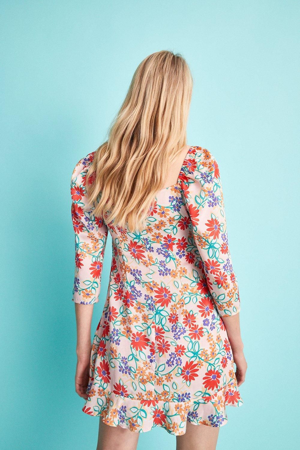 Warehouse Puff Sleeve Mini Dress In Floral Blush image 3