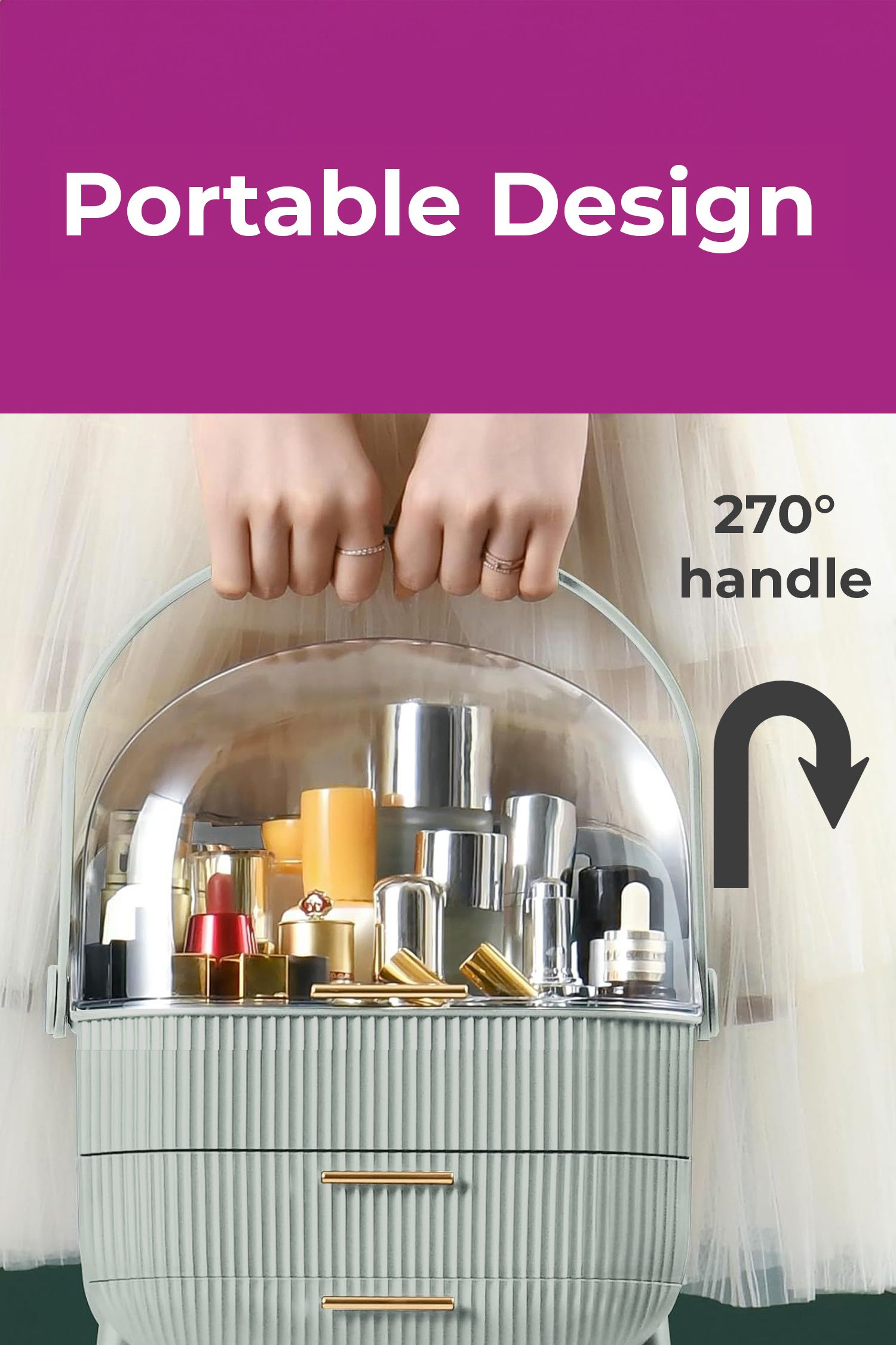 Neo Mint Green Three Layer Cosmetic Makeup Storage Organiser Skincare Display Box Case With Portable Handle image 3