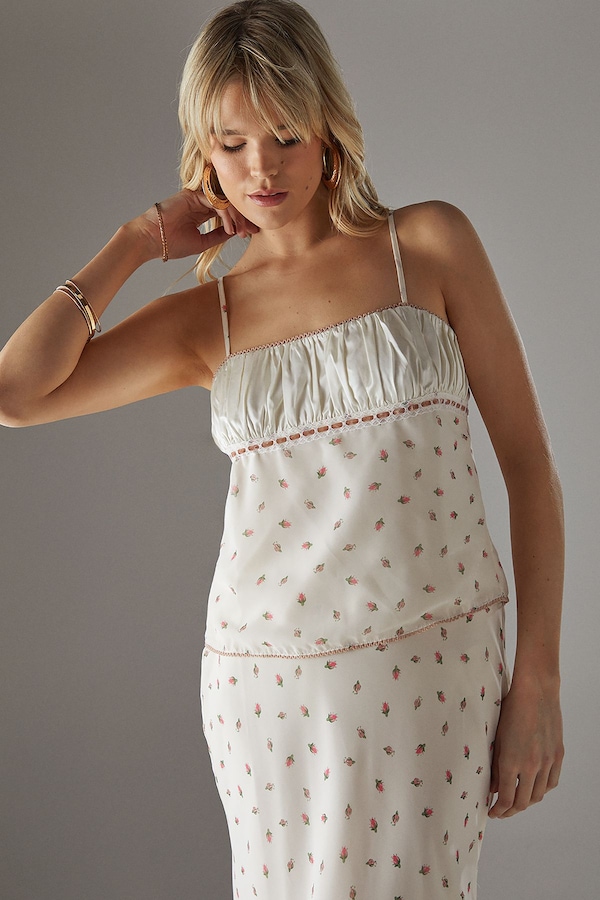 Warehouse Ruched Bust Lace Trim Milkmaid Strappy Top Floral