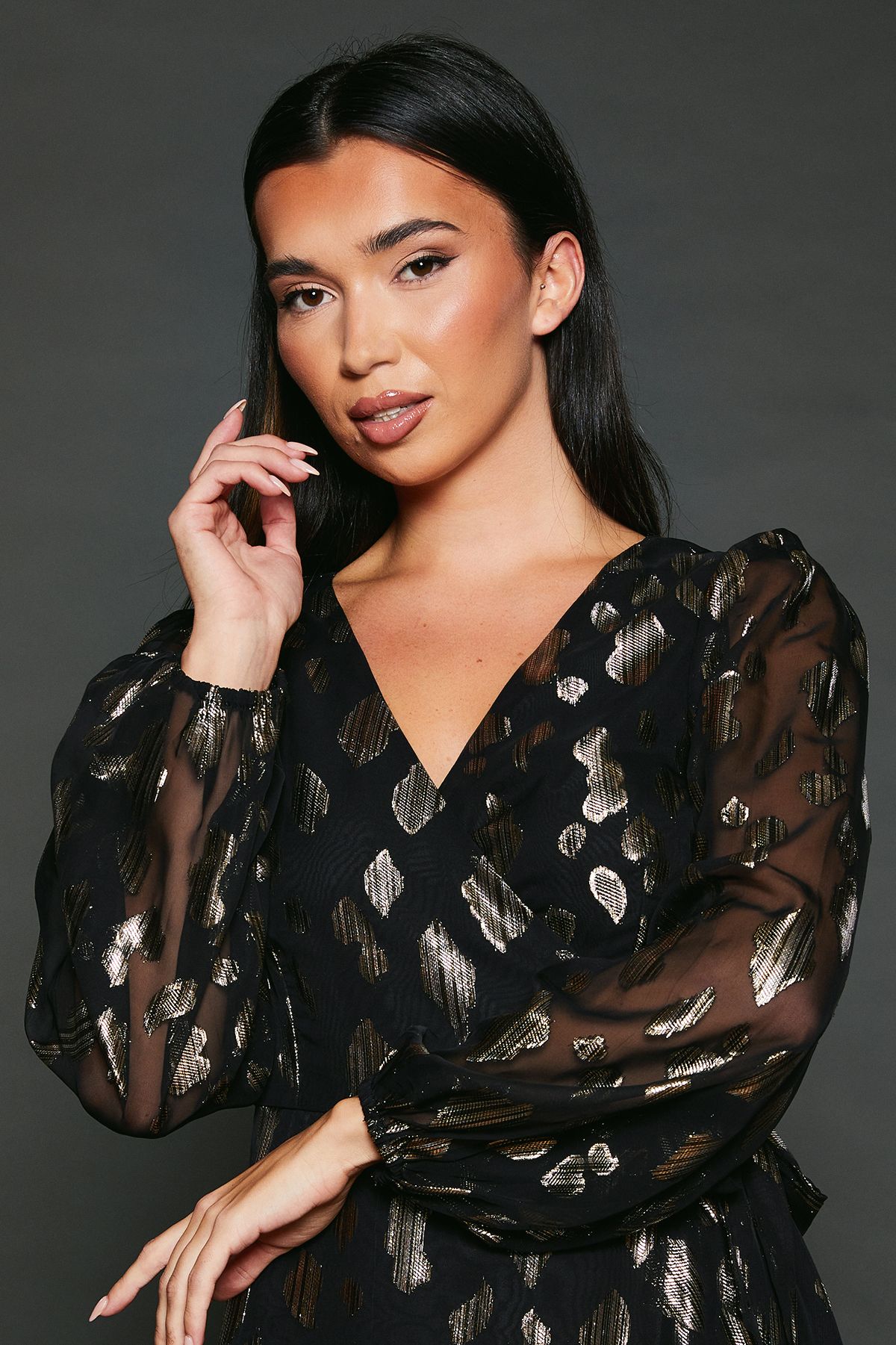 Dorothy Perkins Jacquard Ruffle Wrap Long Sleeve Midi Dress Black image 2