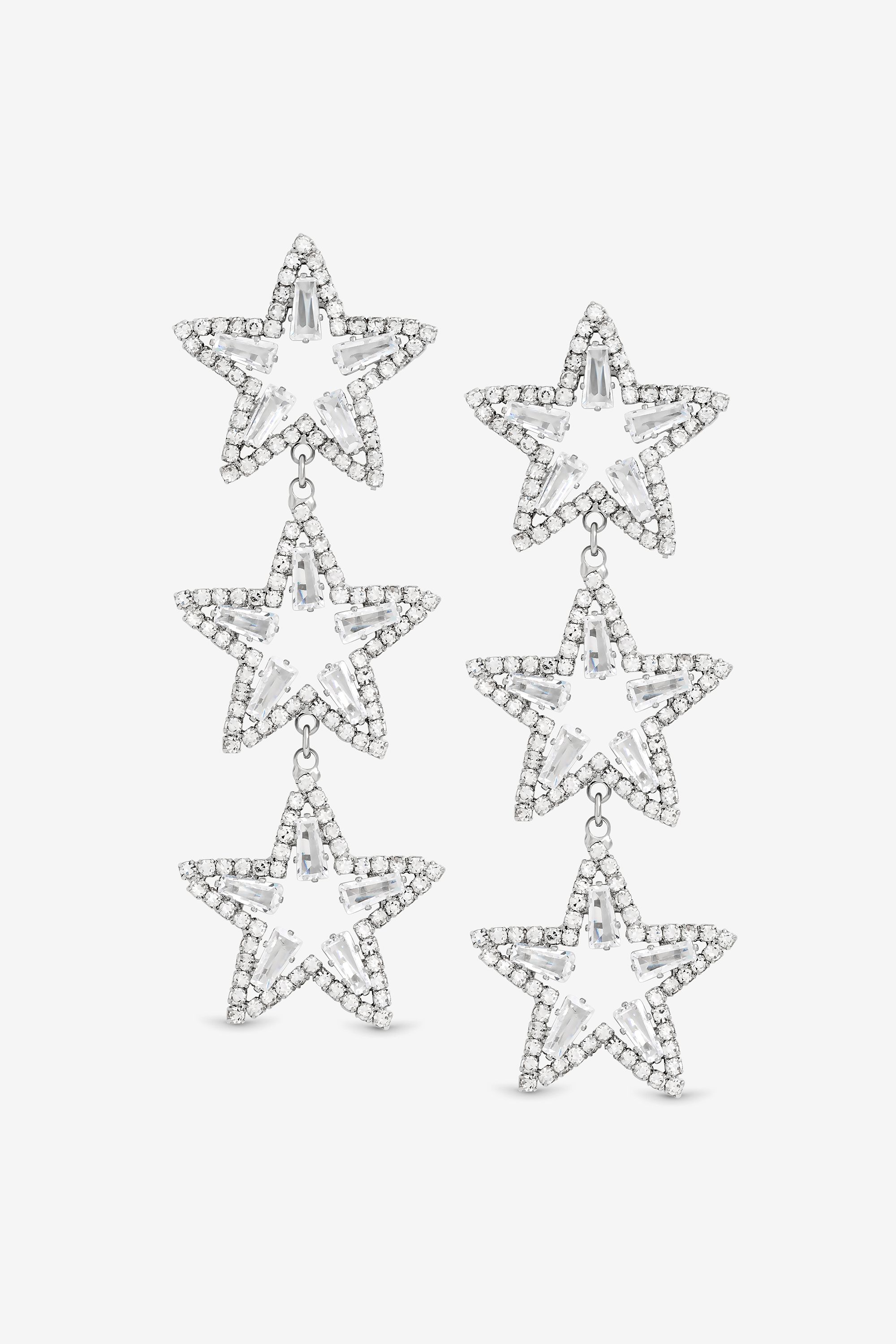 Mood Silver Crystal Triple Star Statement Drop Earrings