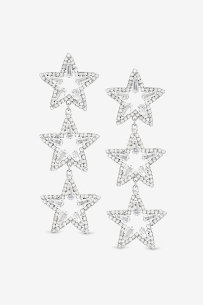 Mood Silver Crystal Triple Star Statement Drop Earrings